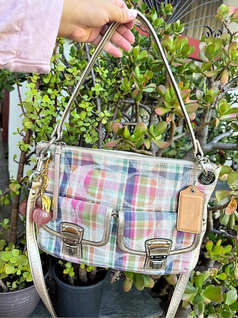 2011 Vintage RARE Coach Poppy Madras Plaid Double Pocket Shoulder Bag